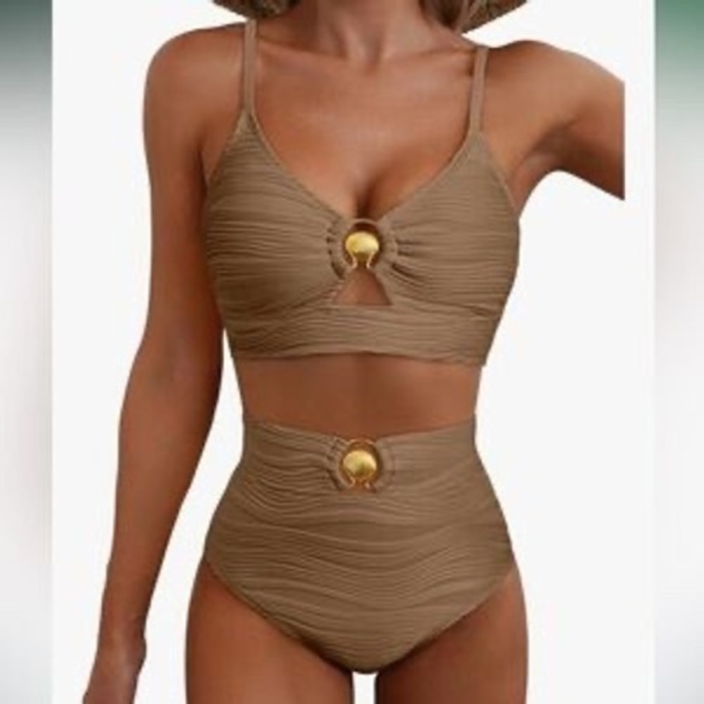 Tan Textured Shell Hardware High‎ Waisted Bikini Set XS Brown Mermaidcore NWOT